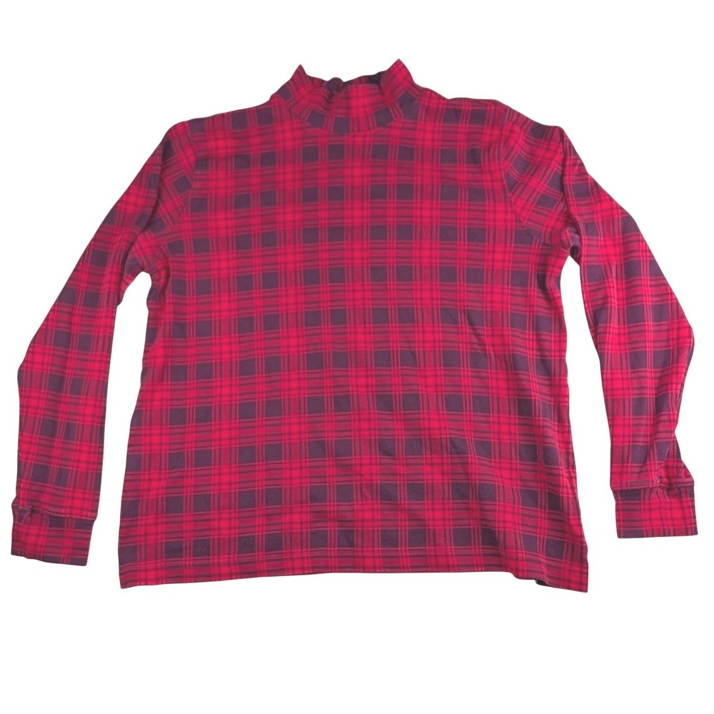 Lands End Womens XL Red Black Plaid Cotton Mock Neck Turtleneck Top